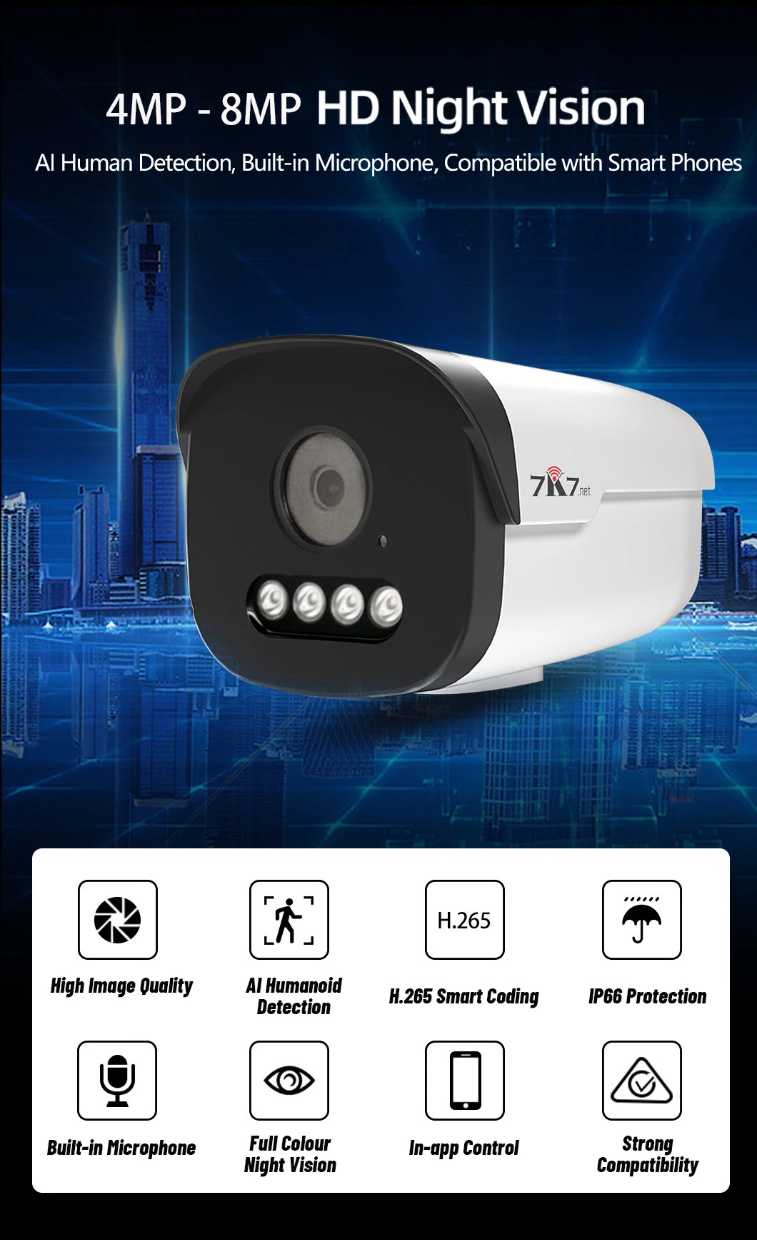 7K7 4MP F1.0 Blacklight Lens, Night Vision Bullet Security IP Ai Camera